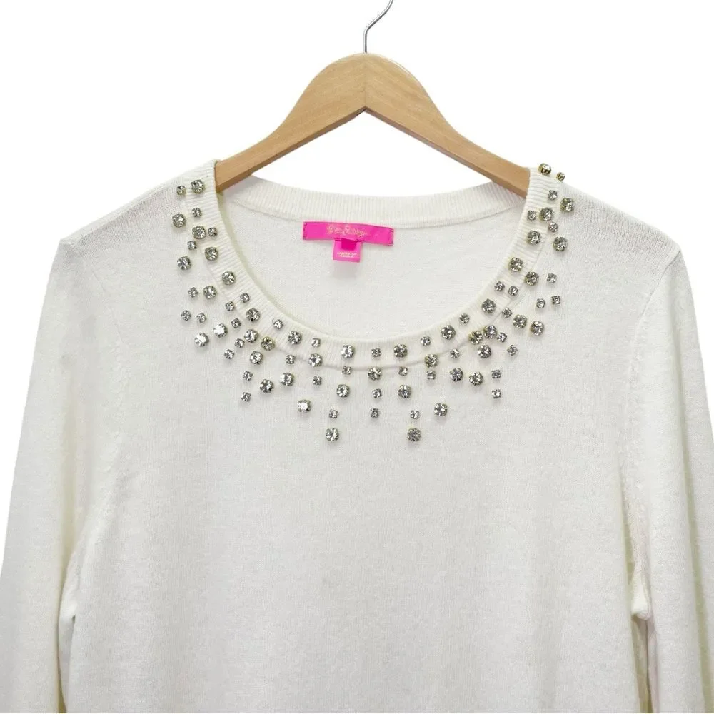 Lilly Pulitzer Coconut Odetta Sweater Wool Blend Rhinestone Neckline Size Large - Picture 7 of 13